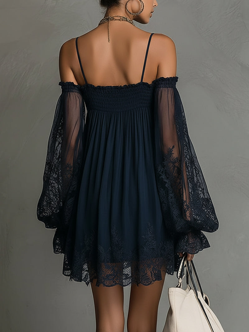 Noemi | Navy Chiffon Mini Dress with Lace Details