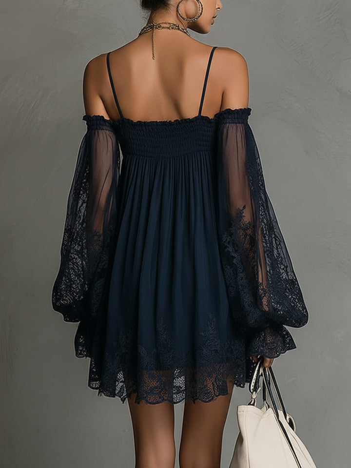 Noemi | Navy Chiffon Mini Dress with Lace Details