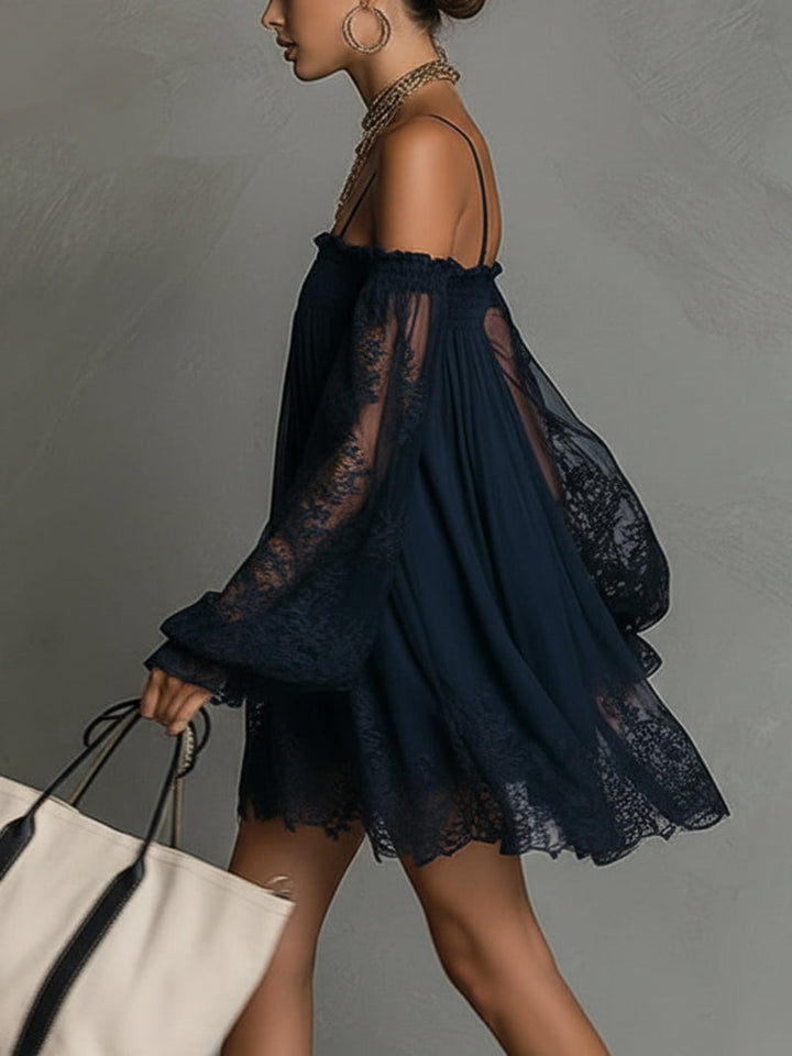 Noemi | Navy Chiffon Mini Dress with Lace Details