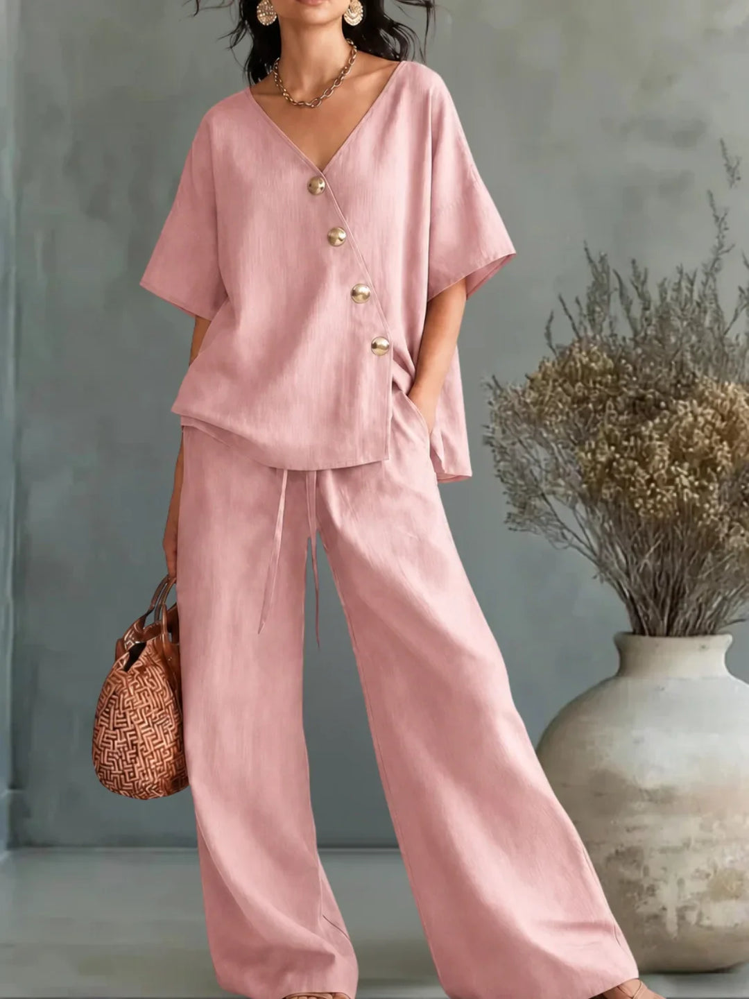 Greta | V-Neck Two-Piece Set with Buttons