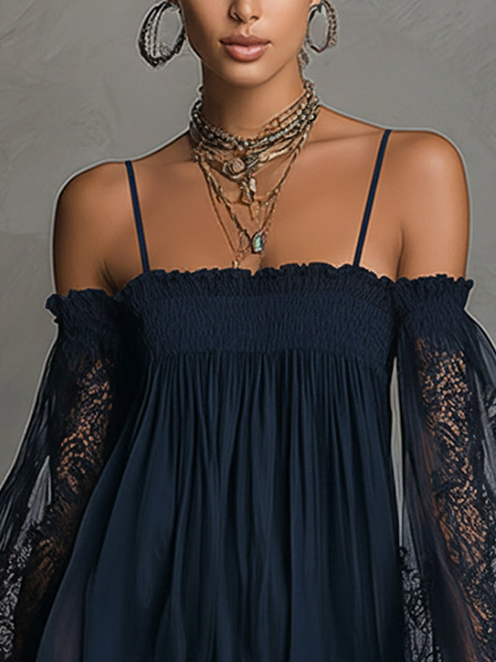 Noemi | Navy Chiffon Mini Dress with Lace Details