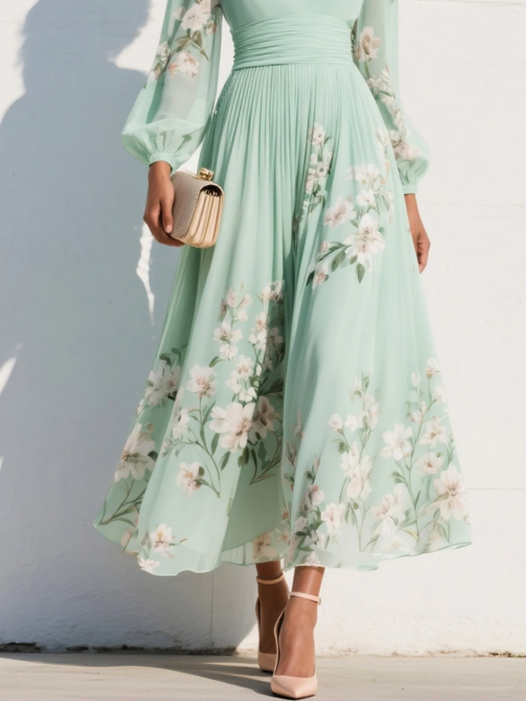 Mia | Mint Green Pleated Satin Floral Maxi Dress