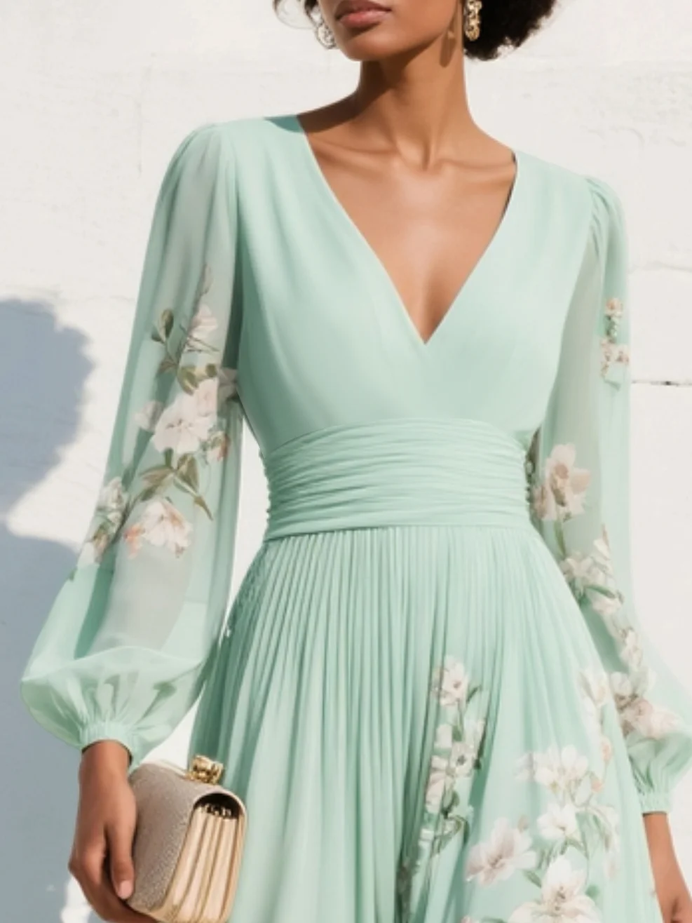 Mia | Mint Green Pleated Satin Floral Maxi Dress