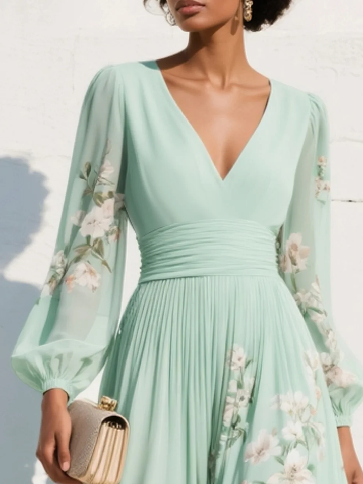 Mia | Mint Green Pleated Satin Floral Maxi Dress