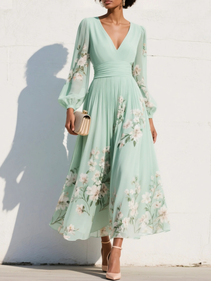 Mia | Mint Green Pleated Satin Floral Maxi Dress