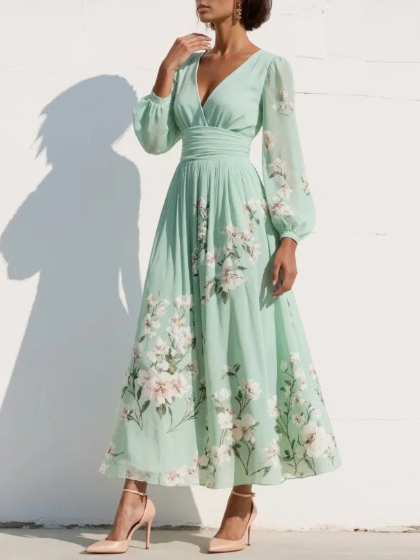 Mia | Mint Green Pleated Satin Floral Maxi Dress