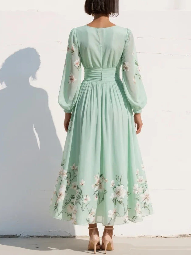 Mia | Mint Green Pleated Satin Floral Maxi Dress