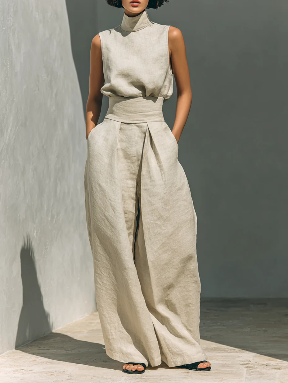 Serena | Relaxed Beige Sleeveless Two-Piece Set