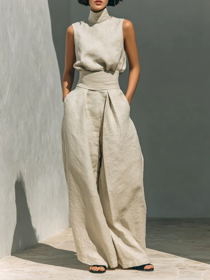 Serena | Relaxed Beige Sleeveless Two-Piece Set