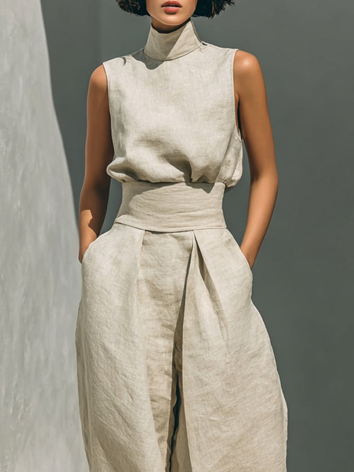 Serena | Relaxed Beige Sleeveless Two-Piece Set