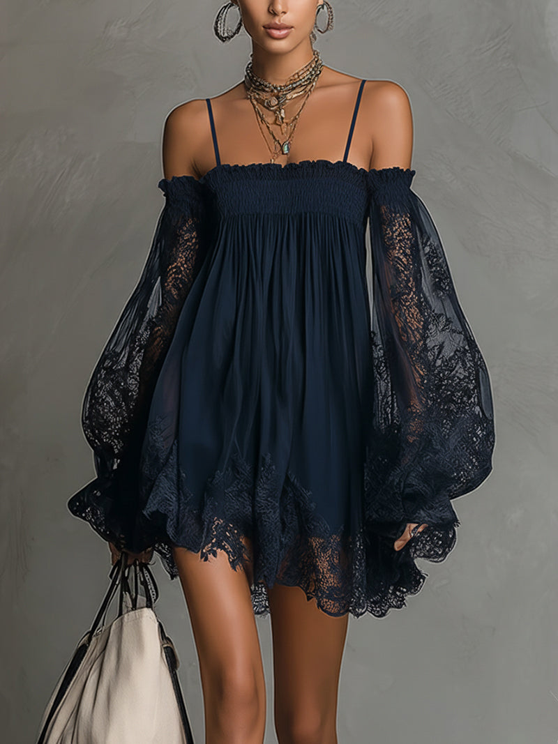 Noemi | Navy Chiffon Mini Dress with Lace Details