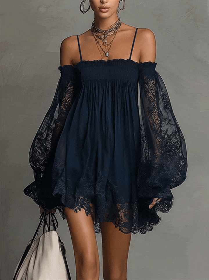 Noemi | Navy Chiffon Mini Dress with Lace Details